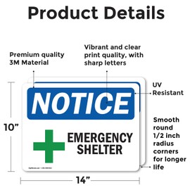 (2 Pack) Emergency Shelter OSHA Notice Sign 14 Inch X 10 Inch Vinyl Label Decal Sticker Weather Resistant, UV Protected for Workplace, Business, and Construction Site, Made in the USA