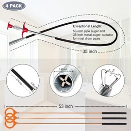Hair Catcher Drain Auger Cleaner Tool Set - 3 × 53 Inch Sink Snake + 1 × 35 Inch Drain Clog Remover, Set For Toilet, Kitchen Sink, Bathroom Tub, Sewer，4 Pack
