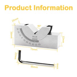 Angle V Block, Adjustable Micro Protractor with Wrench, Stainless Steel Angle V Block 0-60° for Milling Lathes (75x36x25mm)