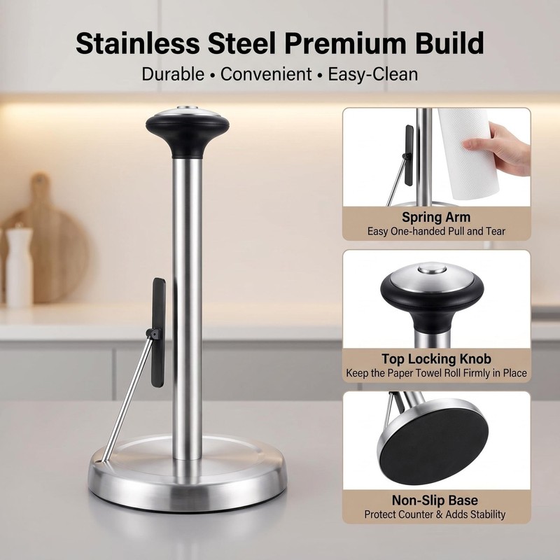 MULIRE Stainless Steel Paper Towel Holder Countertop with Tension Arm