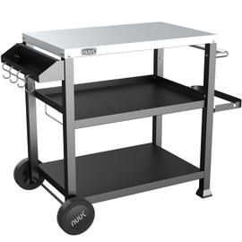 NUUK 3-Shelf Grill Cart for Outdoor with Stainless Steel Top – 20" x 32" Movable Pizza Oven Stand with Wheels Kitchen Prep Table BBQ Cart Worktable