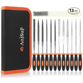 AojSup 13Pcs Needle File Set, Mini Metal File Set with Carrying Case, 6Pcs Carbon Steel File&6Pcs Diamond File&1Pcs Wire Cleaning Brush, Needle File Tool Set for Metal, Wood, Ceramics, Leather, etc.