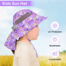 Kids Sun Hat UV Protection Unicorn Summer Beach Play Hats Wide Brim Neck Flap for Girls Boys, Purple, 2-9 Years