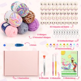 Coopay Crochet Set for Worry Worms with 3 x 50 g Crochet Yarn and 3 x 50 g Colour Gradient Crochet Yarn, Lucky Worms Crochet Set with 50 Pieces Wooden Balls with Face, Instructions, Crochet Hook,