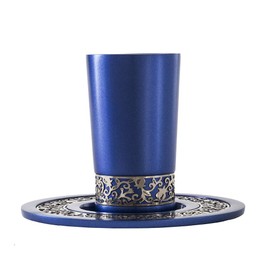 (Blue Cup with Silver Lace) - Wine Goblet Anodized Aluminium Decorated with Lace Designed by Artist Yair Emanuel (Blue Cup with Silver Lace)