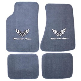 AveryAutoMats Custom Fit 4 Piece Carpet Floor Mats Compatible with 1982-2002 Pontiac Firebird Trans Am with Silver Logo on Front Mats - Gray