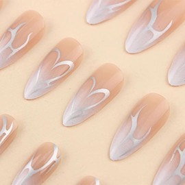 MISUD Almond Press on Nails Medium Fake Nails Glossy Glue on Nails Nude Ombre Acrylic Nail Supplies Stiletto Artificial Nail Art Silver Chrome Swirl False Nails with Design DIY 24 pcs