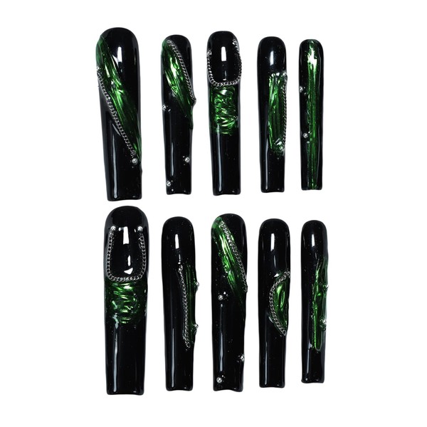 ArtiPrint Extra Long Black Square Press on Nails Handcrafted Metallic