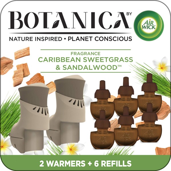 Botanica by Air Wick Plug in Scented Oil Starter Kit, 2 Warmers + 6 Refills, Caribbean Sweetgrass and Sandalwood, Air Freshener, Eco Friendly, Essential Oils