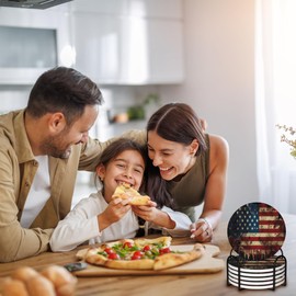 Vintage American Flag Set of 6 Coasters for Drinks Absorbing Round Ceramic Stone Coaster with Cork Base,Tabletop Protection Mat for Mugs and Cups,Office,Kitchen