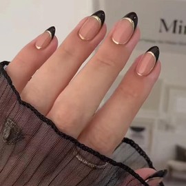 Black French Tip Press on Nails Short Almond Fake Nails with Designs Gold Line Glue on Nails Glossy Shiny Artificial Nails Full Cover Acrylic Stick on Nails for Women Girl Manicure 24 Pcs