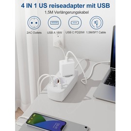 USA Adapter Socket, Travel Adapter with PD20W USB Quick Charge, German to US Adapter Socket 2-Way with 1.5 m Socket Adapter for USA, Canada, Mexico, Thailand, Type B Travel Adapter America