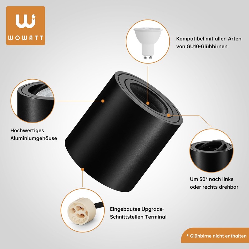 wowatt Pack of 4 Surface-Mounted Spotlights, Black, Surface-Mounted Spotlights with