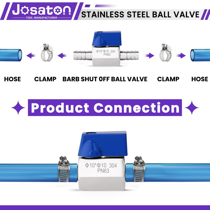 Josaton 3/8” Hose ID Barb Ball Valve 304 Stainless Steel