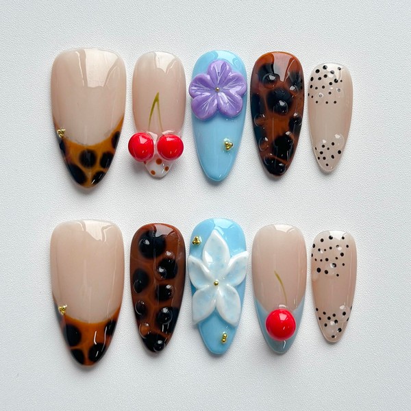 Luxury Press on Nails Short Almond Handmade 3D Unique Reusable