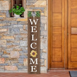 Interchangeable Welcome Sign for Front Porch Standing 47"X8" Outdoor Large Wood Frame with 12 Pcs Designed Icons Leaner Vertical Tall Outside Welcome Sign for Front Door Decor (Wood)
