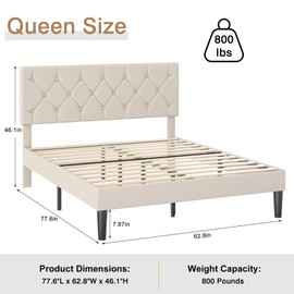 VECELO Queen Size Bed Frame with Button Tufted Headboard, Upholstered Platform Bedframe with Wood Slat Support, No Box Spring Needed, Classic Beige