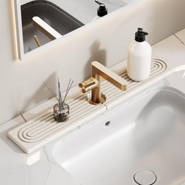 16 Inch Stone Faucet Mat for Kitchen Sink Splash Guard - Diatomite Quick Dry Stone Mat Kitchen Sink Protectors, Water-Absorbent Faucet Handle Drip Catcher Tray with Drainage (White, 15.7" x 3.9")