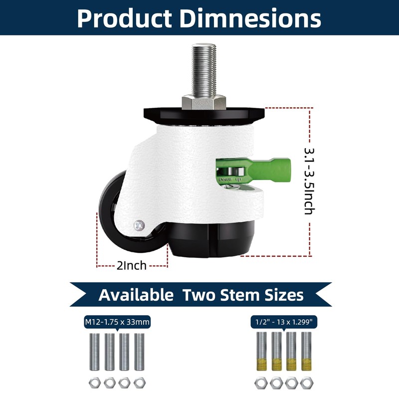 Heavy Duty Caster Wheels Set of 4, Leveling Stem Casters