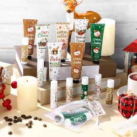 Demissle 12 Pcs Christmas Hot Cocoa Supplies Xmas Party Stuffers Christmas Stocking Favors Xmas Red Green Hand Cream and Lip Balm Gifts Set for Baby Shower Guests