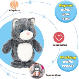 Hopearl Talking Singing Cat Repeats What You Say Kitty Walking Kitten Electric Interactive Animated Toy Speaking Plush Buddy Gifts for Toddlers, Gray, 9''