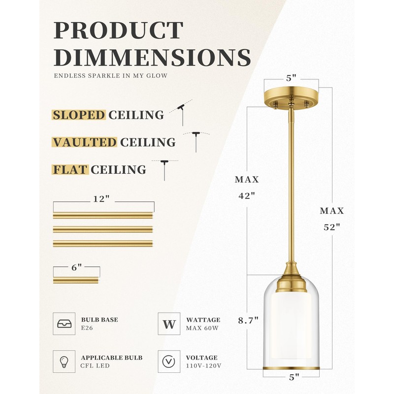 LIROUVET Gold Pendant Lights Kitchen Island - Dual Glass Pendant