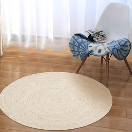 Hausattire Hand Woven Jute Braided Rug, 5’ Round – Off White, Reversible Boho Entry Area Rugs for Kitchen, Living Room I Farmhouse Decorative Floor Rug, 5 Feet Round