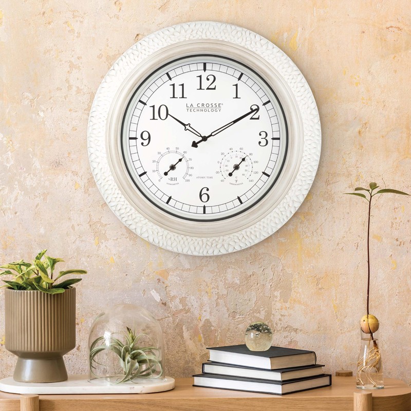 La Crosse Technology 433-29917-INT 21" Indoor/Outdoor Atomic Analog White-Washed Hammered