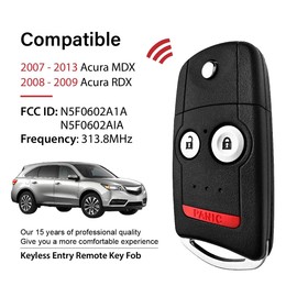 Keylessbest Replacement for 2010 2011 2012 2013 Honda Acura MDX RDX Key Fob Remote Control N5F0602A1A 3 Buttons 313.8MHz