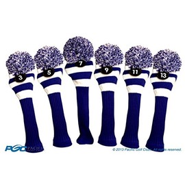 Majek Golf Club 3 5 7 9 11 13 White and Blue Limited Edition Fairway Wood Head Covers Tour Knit Retro Vintage Pom Classic Long Neck Metal Longneck Woods Headcovers