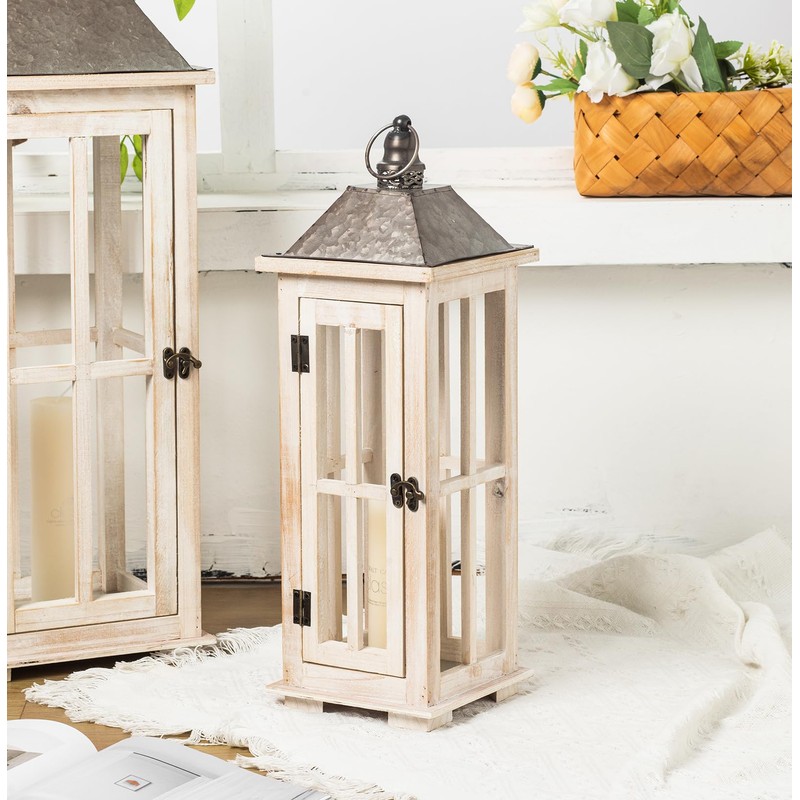 TIMRIS Large Rustic Wooden Decorative Lantern Set of 2, Modern