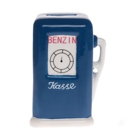 Beautiful money box "Benzinkasse" made of ceramic with lock in blue, approx. 15 cm