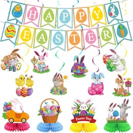 Easter Decorations Happy Easter Banner Egg Bunny Hanging Swirl Honeycomb Centerpiece for Home Office School Classroom Decorations