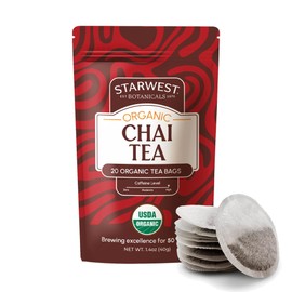 Starwest Botanicals Organic Chai Tea - Caffeinated Herbal Blend with Black Tea & Cinnamon, String Free Sachets, USDA Organic, Non GMO - 20 Tea Bags