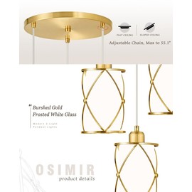 Osimir Brushed Gold Pendant Light Fixtures, 3-Light Dining Room Chandeliers with Frosted Glass, Modern Cluster Hanging Pendant Lighting for Kitchen Island Sink Bedroom, CH9176BGW3