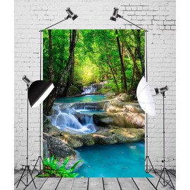 BELECO 5x7ft Fabric Green Forest Backdrop for Photography Small Waterfall Backdrop Spring Forest Natural Scenery Background Wallpaper Home Decor Kids Adults Portrait Photoshoot Studio Photo Props