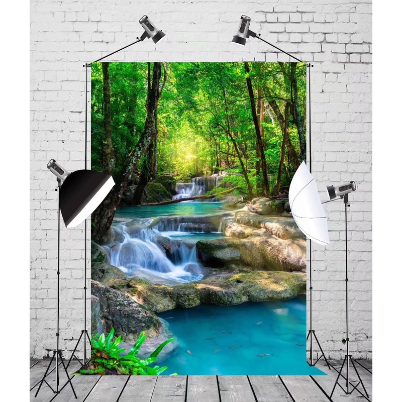 BELECO 5x7ft Fabric Green Forest Backdrop for Photography Small Waterfall