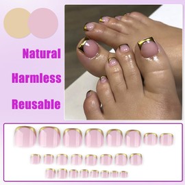 24Pcs French Gold False Toenails, Short Square Nude Pink Fake Toenails Glue on, Summer Acrylic Stick on Toe Nails, 12 Sizes Full Cover Press on Toe Nails for Women Girls Pedicure Decorations