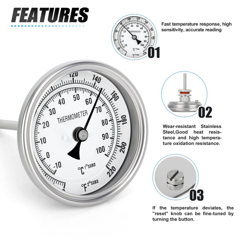 MEANLIN MEASURE 1/2" NPT Bimetal Thermometer, 3.3" Dial, 4.4" Stainless