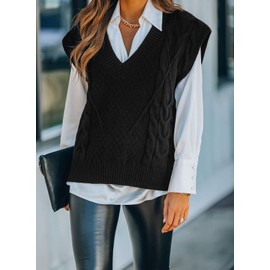 Dokotoo Sweater Vest Fall Sweaters for Women 2022 Cable Knit Sweater Tops Black Vests Fashion Casual Tunic Sleeveless Sweater V Neck Oversized Sweater Vest Christmas Outfits Clothes for Women,Small