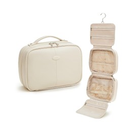 EACHY Toiletry Bag with Hanging Hook, Travel Makeup Bag PU Leather Cosmetic Bags for Women Make Up Organizer with 4 Compartments Waterproof Full-Size Portable Travel Essentials (White，Pro)