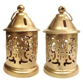Purpledip Moroccan Hanging Or Table Lantern Lamp Tealight Holders: Set of 2, Alloy Metal, Vintage Gold, Small (12736A)