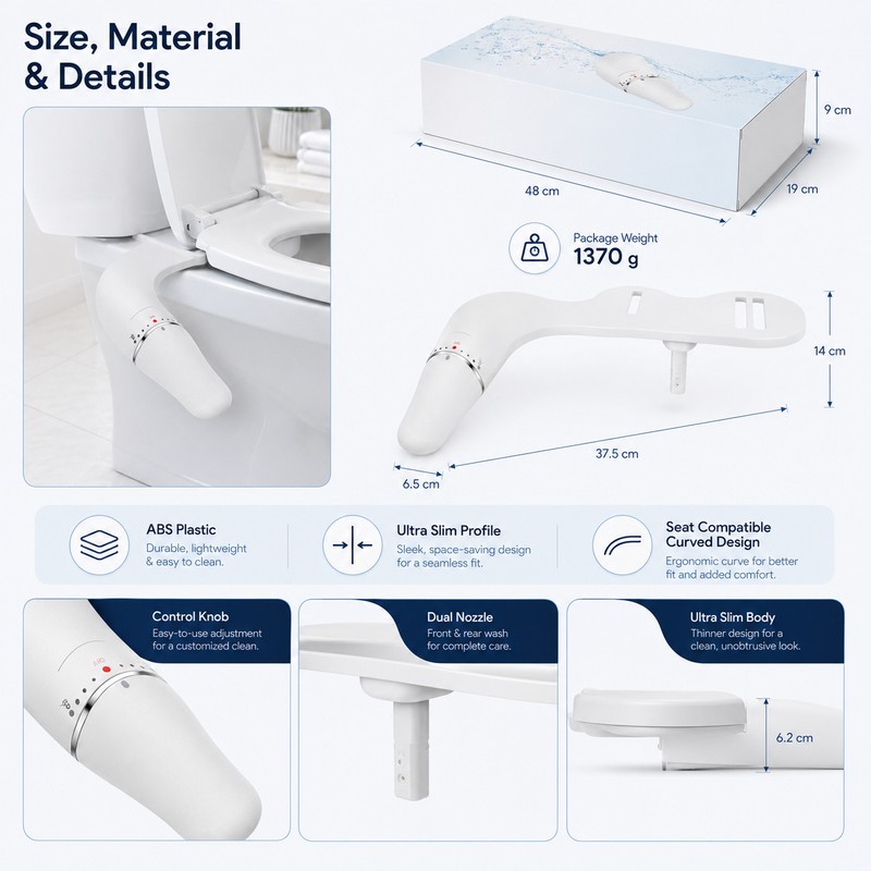 Ultra-Slim Bidet Attachment for Toilet Seats – Non-Electric Dual Nozzle