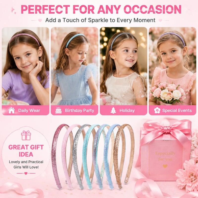 6 Pack Thin Glitter Headbands for Girls, Sparkly Sequin Toddler