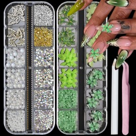 SEMATA 2 Box 3D Flower Nail Charms, Green Nail Gems Gold Silver Butterfly Flatback Pearl Nails Rhinestones Charms for Nails Art Jewels Design Decor(Green)