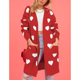 Yimoon Women Valentines Cardigan Sweater Love Heart Open Front Long Cardigan Oversized Chunky Knit Sweaters(Red-XL)