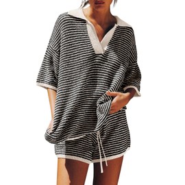 Tankaneo Womens Sweater Set 2 Piece Outfits Oversized 3/4 Sleeve V Neck Knit Tops High Waisted Shorts Lounge Sets