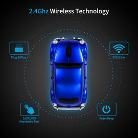 BKLNOG Classic Car Shaped Mouse [Updated] with LED Headlights, 1600 DPI, 2.4Ghz Wireless Computer Mouse, Comfortable for Every Use, Blue