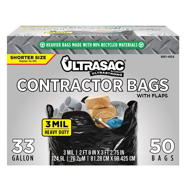 Ultrasac Contractor Trash Bags - (50 Pack/w Ties) - Heavy Duty 3 MIL Thick, 39" x 32", Shorter 33 Gallon Black Version - for Industrial, Commercial, Professional, Construction, Lawn, Leaf, and More