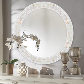 Tanmicoshomy Round Wall Mirror 24 Inch,Circle Mosaic Mirror with Natural Mother of Pearl and Wood Frame, Decorative Coastal Round Wall Mirror for Bathroom Bedroom Living Room Entryway